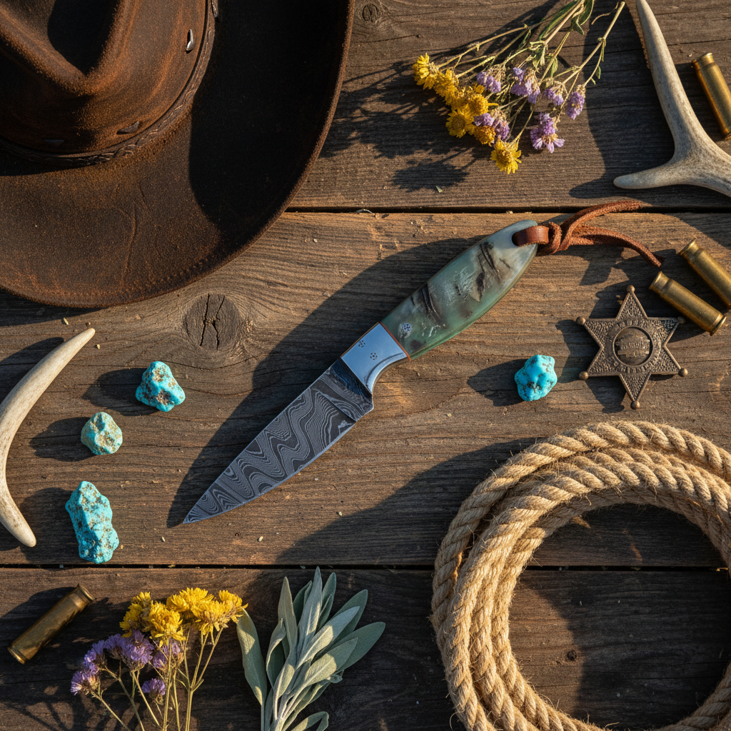 Frontier Cowboy Gear Compact Damascus Ranch Knife – Sheep Horn Handle & Steel Bolster with Leather Sheath | 6.25"