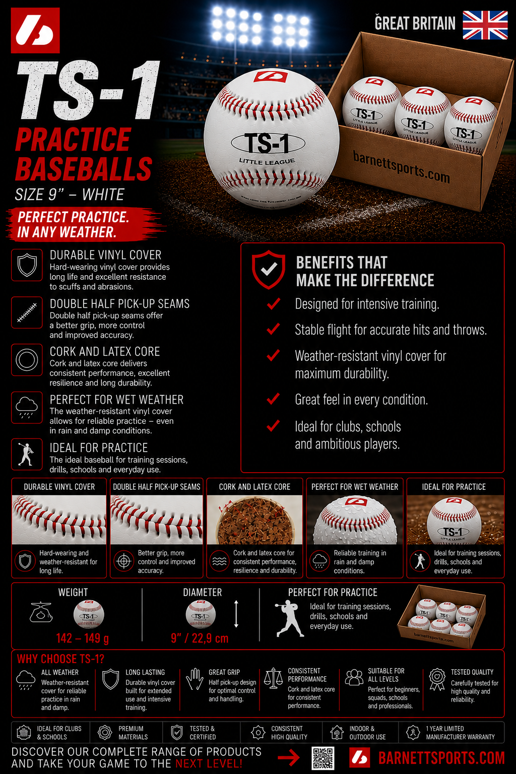 Barnett TS-1 Practice baseballs size 9", White, 1 dozen