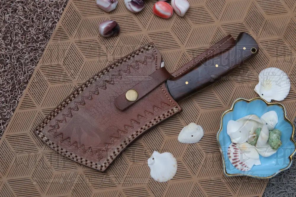 White Hills Knives 10" Damascus Chef Meat Cleaver with Dark Wood Handle & Leather Sheath, Damascus Steel Cleaver Chopper - Angler's Pro Tackle & Outdoors