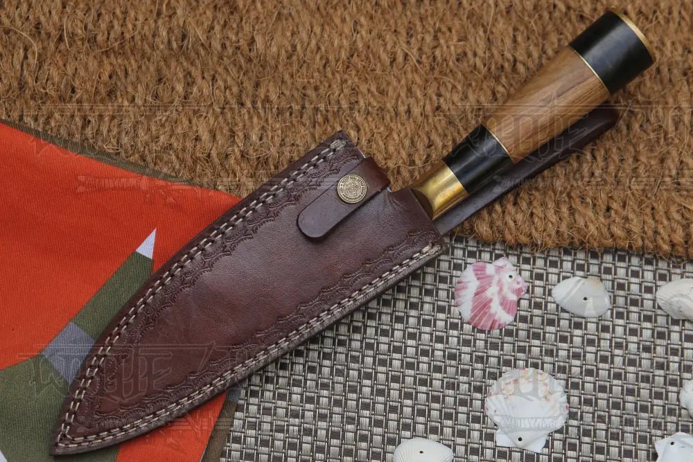 White Hills Knives 13" Handmade Santoku Damascus Chef Knife Buffalo Horn with Olive Wood Handle - Angler's Pro Tackle & Outdoors