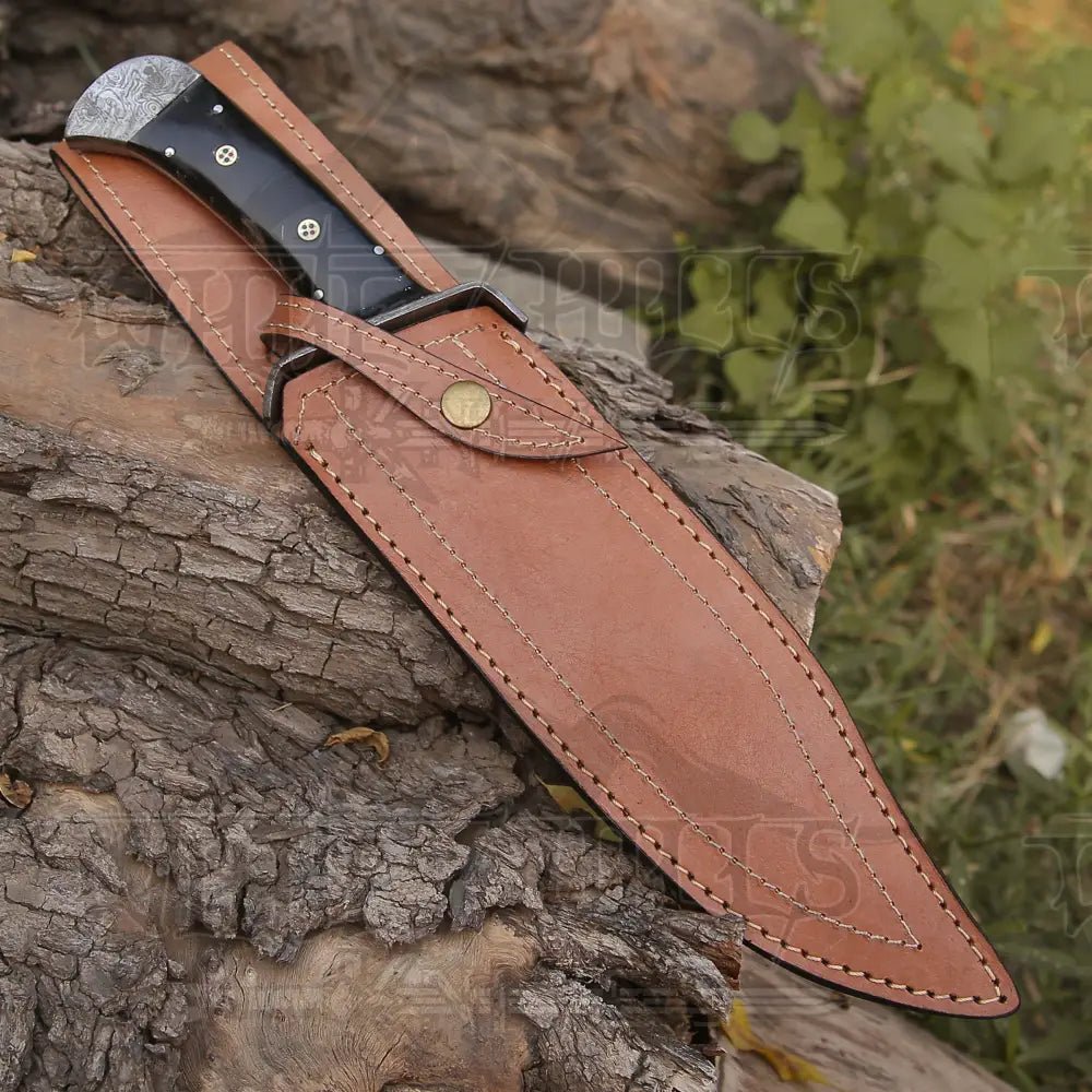 White Hills Knives 15" Handmade Damascus Steel Bowie Knife - Buffalo Horn Handle - Angler's Pro Tackle & Outdoors