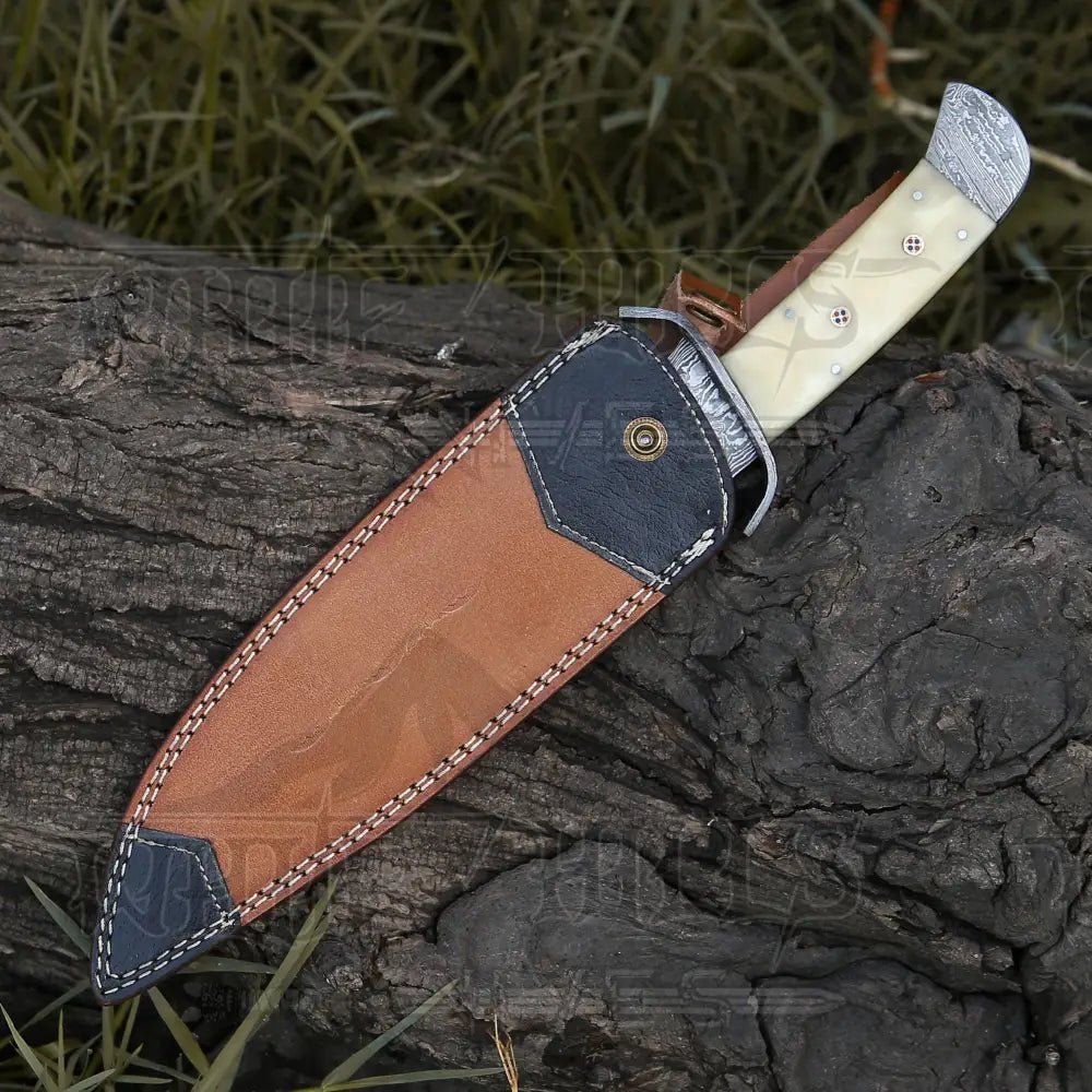 White Hills Knives 15" Handmade Damascus Steel Bowie Knife - Full Tang - Camel Bone Handle - Angler's Pro Tackle & Outdoors
