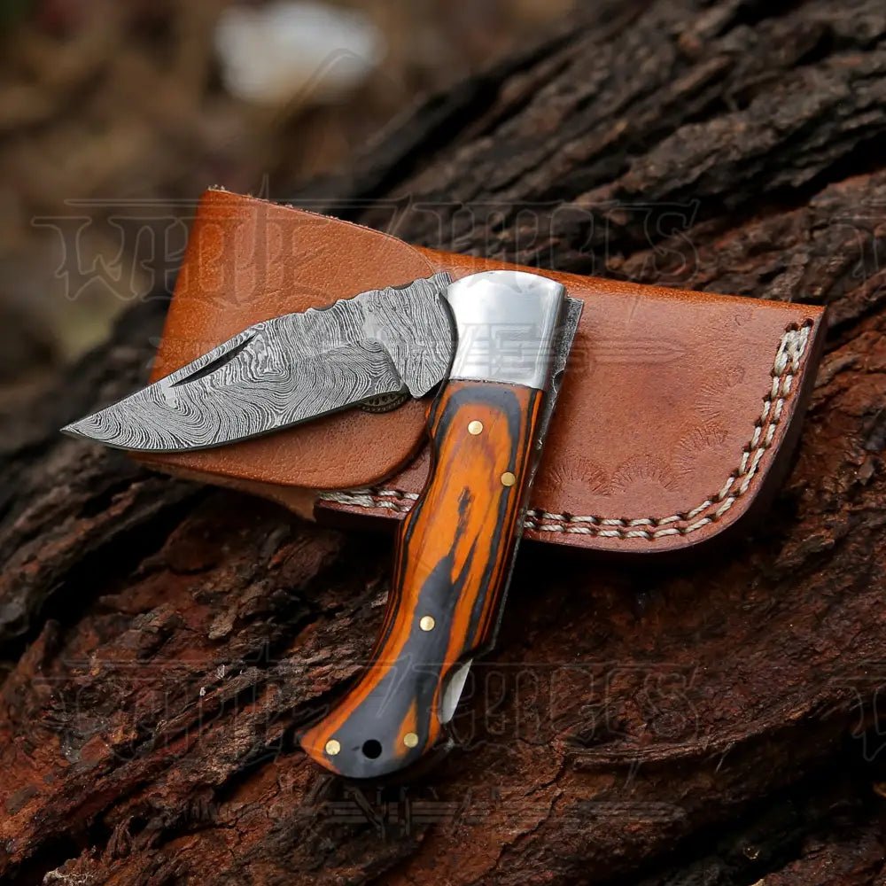 White Hills Knives 6.5" Handmade Damascus Pocket Knife - Folding Pocket Knife - Colored Wood Handle WH 5042 - Angler's Pro Tackle & Outdoors