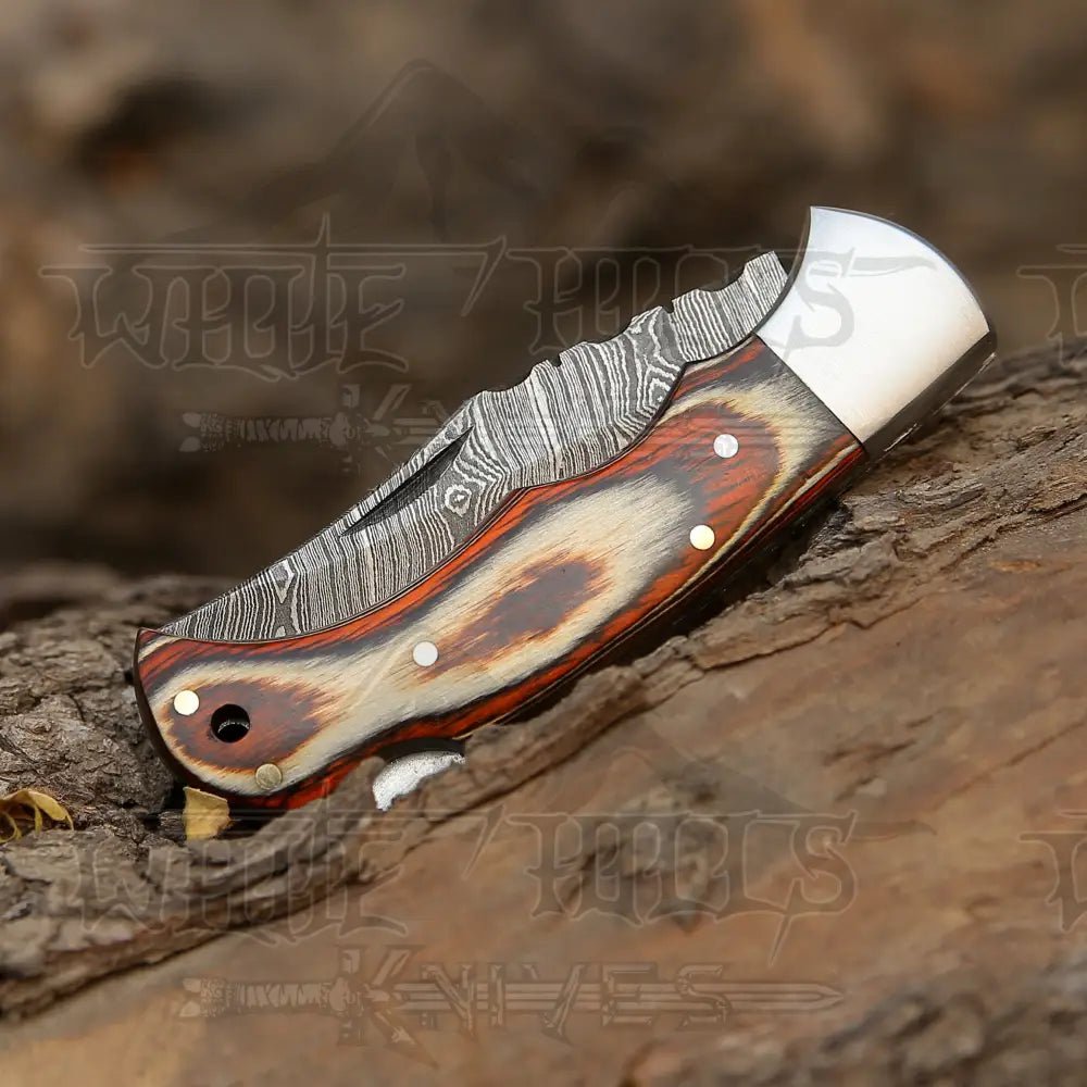 White Hills Knives 6.5" Handmade Damascus Pocket Knife - Folding Pocket Knife - Stained Wood Handle WH 5030 - Angler's Pro Tackle & Outdoors
