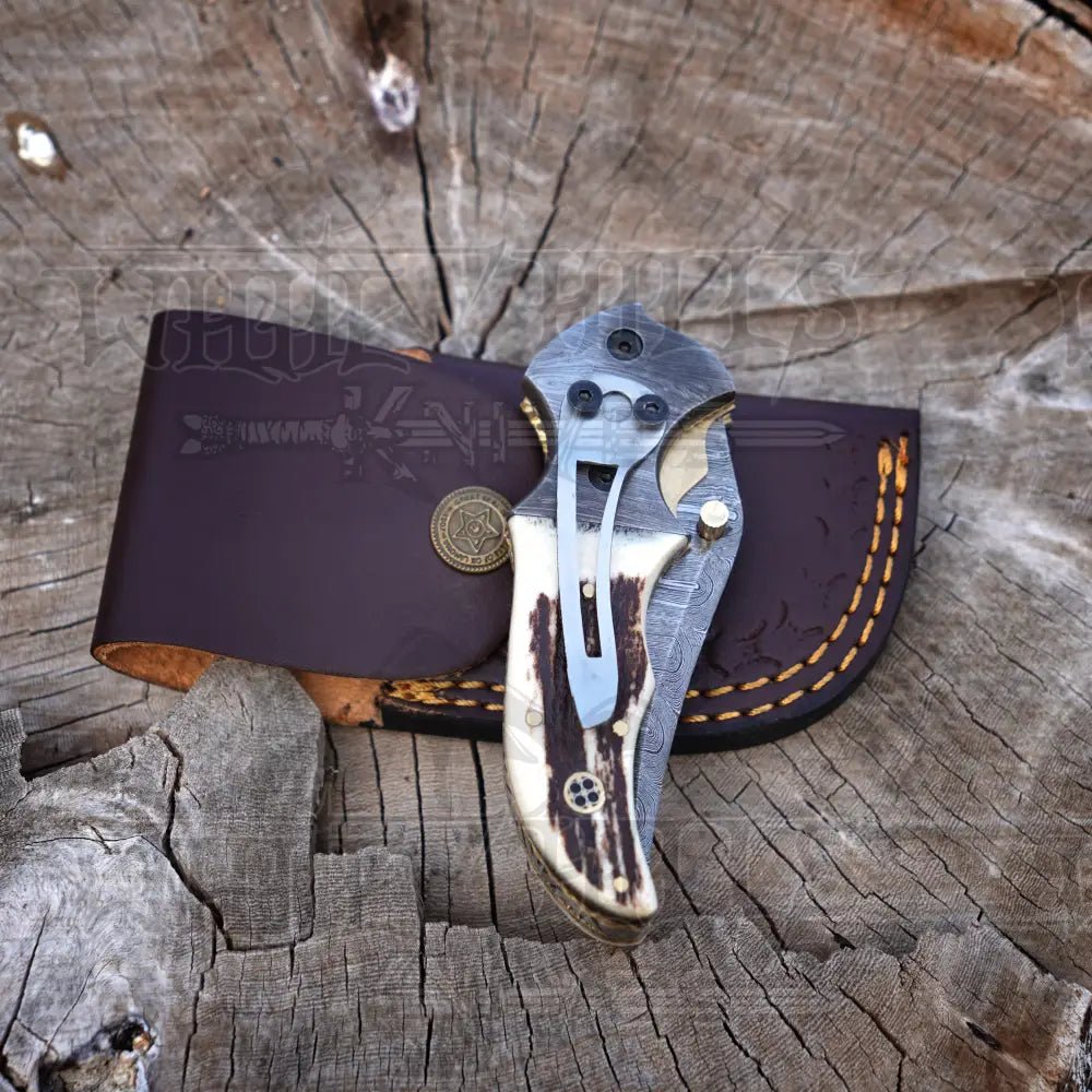 White Hills Knives 7" Handmade Damascus Pocket Knife with Pocket Clip - Stag Antler Handle - Damascus Bolster WH 3530 - CP - Angler's Pro Tackle & Outdoors