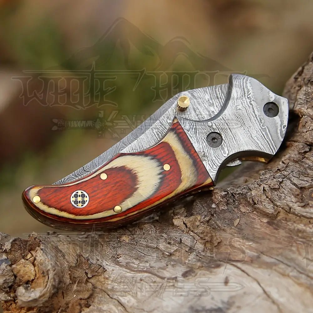 White Hills Knives 7" Handmade Forged Damascus Pocket Folding Knife - Pakka Wood Handle - Damascus Bolster WH 3535 - Angler's Pro Tackle & Outdoors