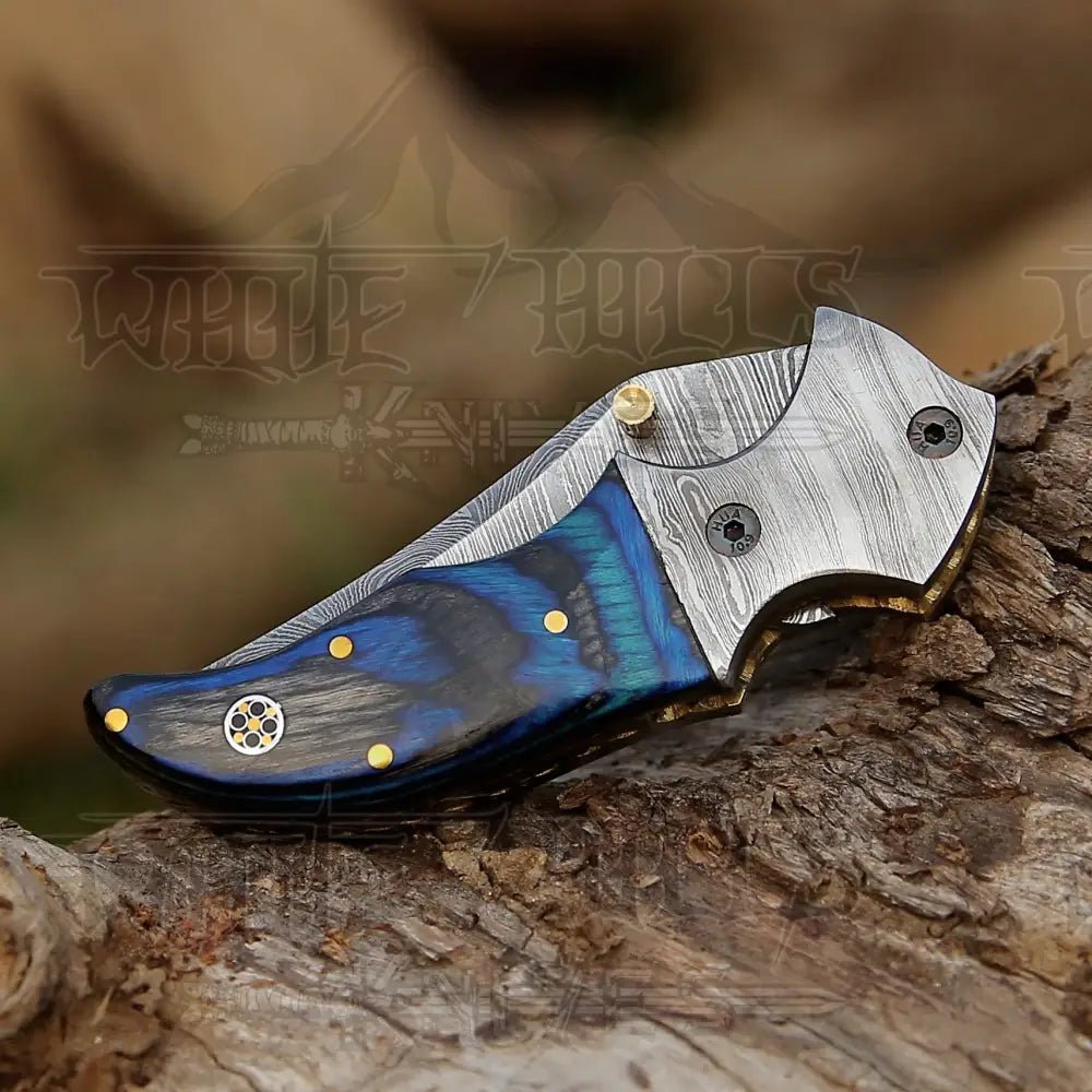White Hills Knives 7" Handmade Forged Damascus Pocket Folding Knife - Pakka Wood Handle - Damascus Bolster WH 3537 - Angler's Pro Tackle & Outdoors