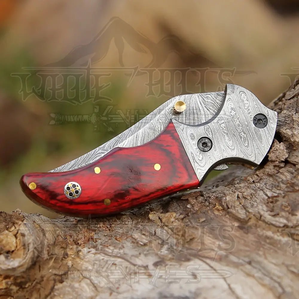 White Hills Knives 7" Handmade Forged Damascus Pocket Folding Knife - Pakka Wood Handle - Damascus Bolster WH 3538 - Angler's Pro Tackle & Outdoors