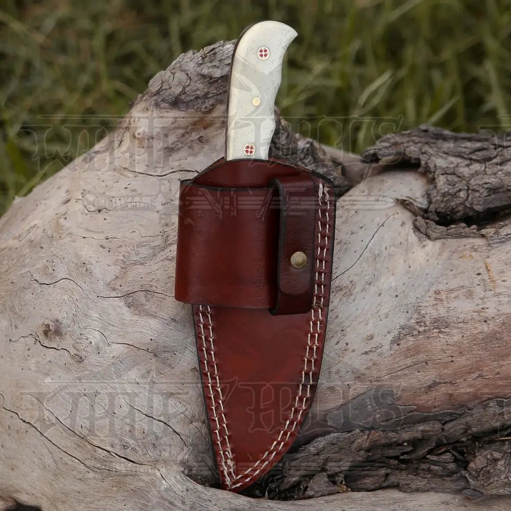 White Hills Knives 7.25” Hand Forged Damascus Steel Full Tang Skinner Knife - Camel Bone Handle - Angler's Pro Tackle & Outdoors