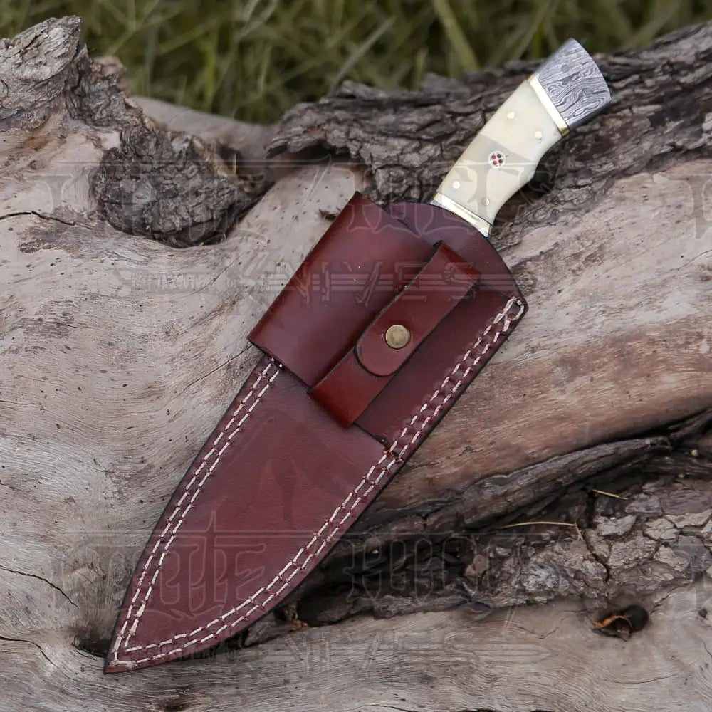 White Hills Knives 8.5” Hand Forged Damascus Steel Full Tang Skinner Knife - Camel Bone Handle - H - 017 - Angler's Pro Tackle & Outdoors