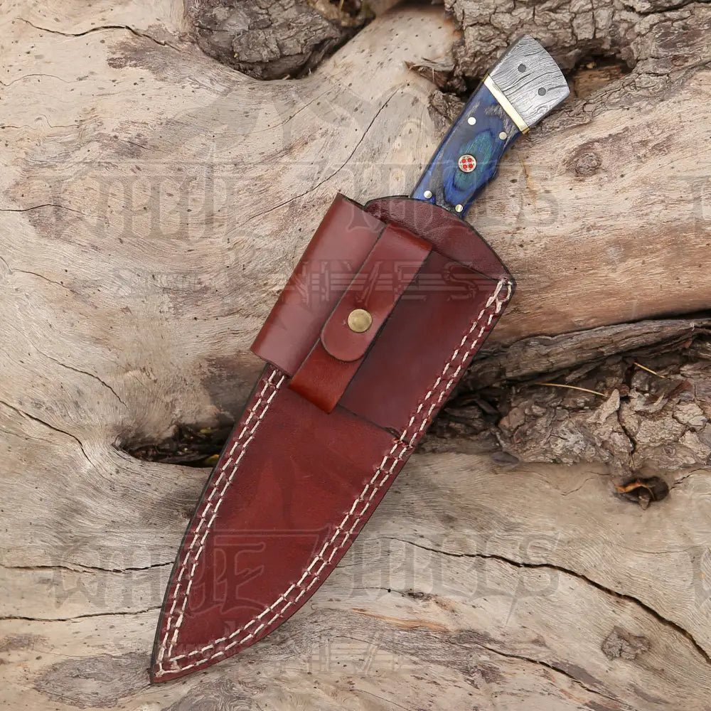 White Hills Knives 8.5” Hand Forged Damascus Steel Full Tang Skinner Knife - Colored Wood Handle - H 019 - Angler's Pro Tackle & Outdoors