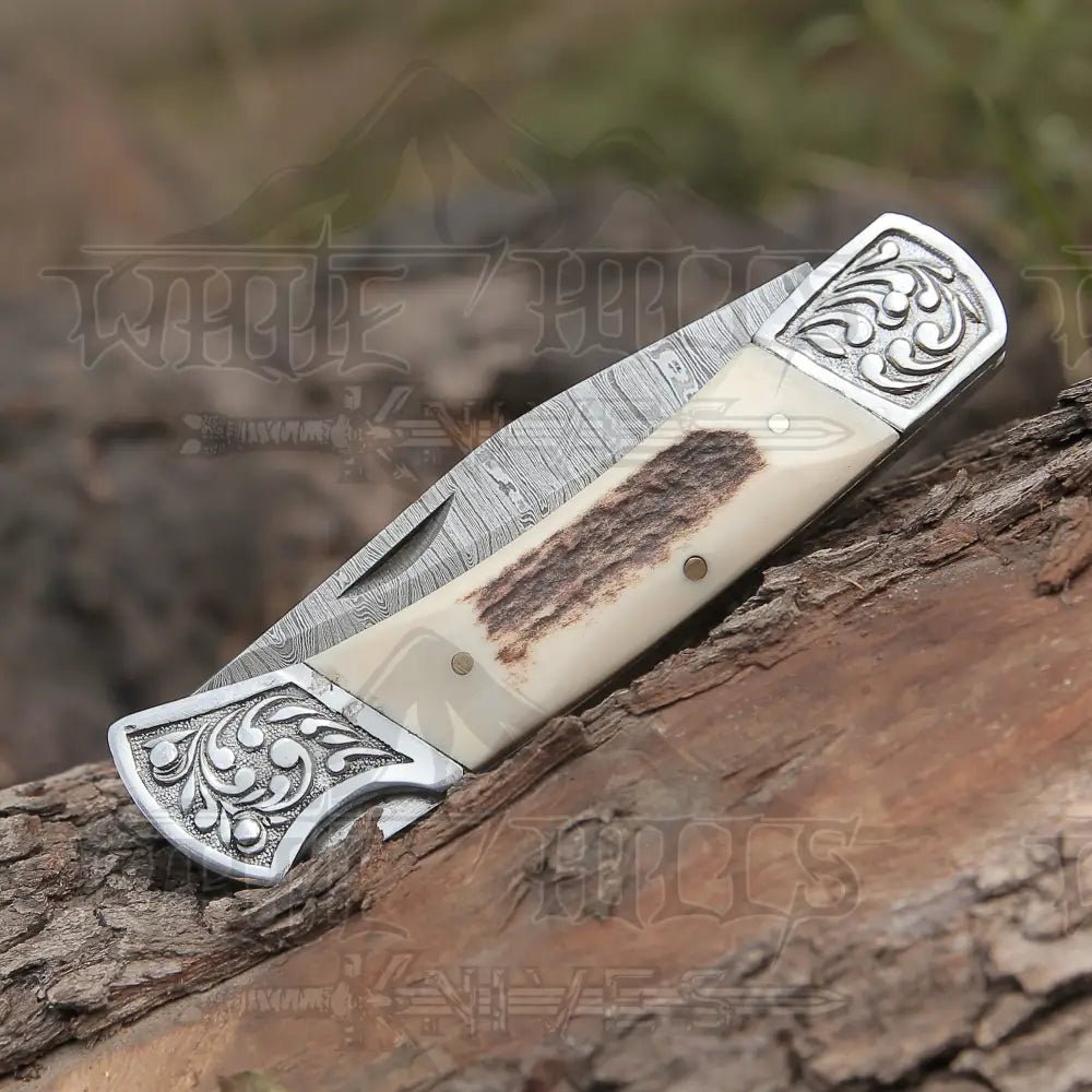 White Hills Knives Back Lock 9" Handmade Damascus Steel Pocket Knife Stag Antler Handle Engraved clips Folding Knife - Angler's Pro Tackle & Outdoors