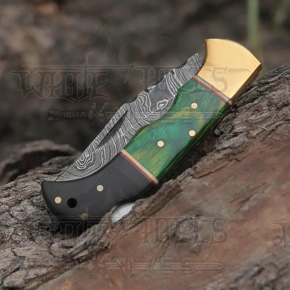 White Hills Knives Custom Hand Forged Damascus Folding Knife Brass Bolster With Horn & Stain Wood Handle WH 5002 - Angler's Pro Tackle & Outdoors