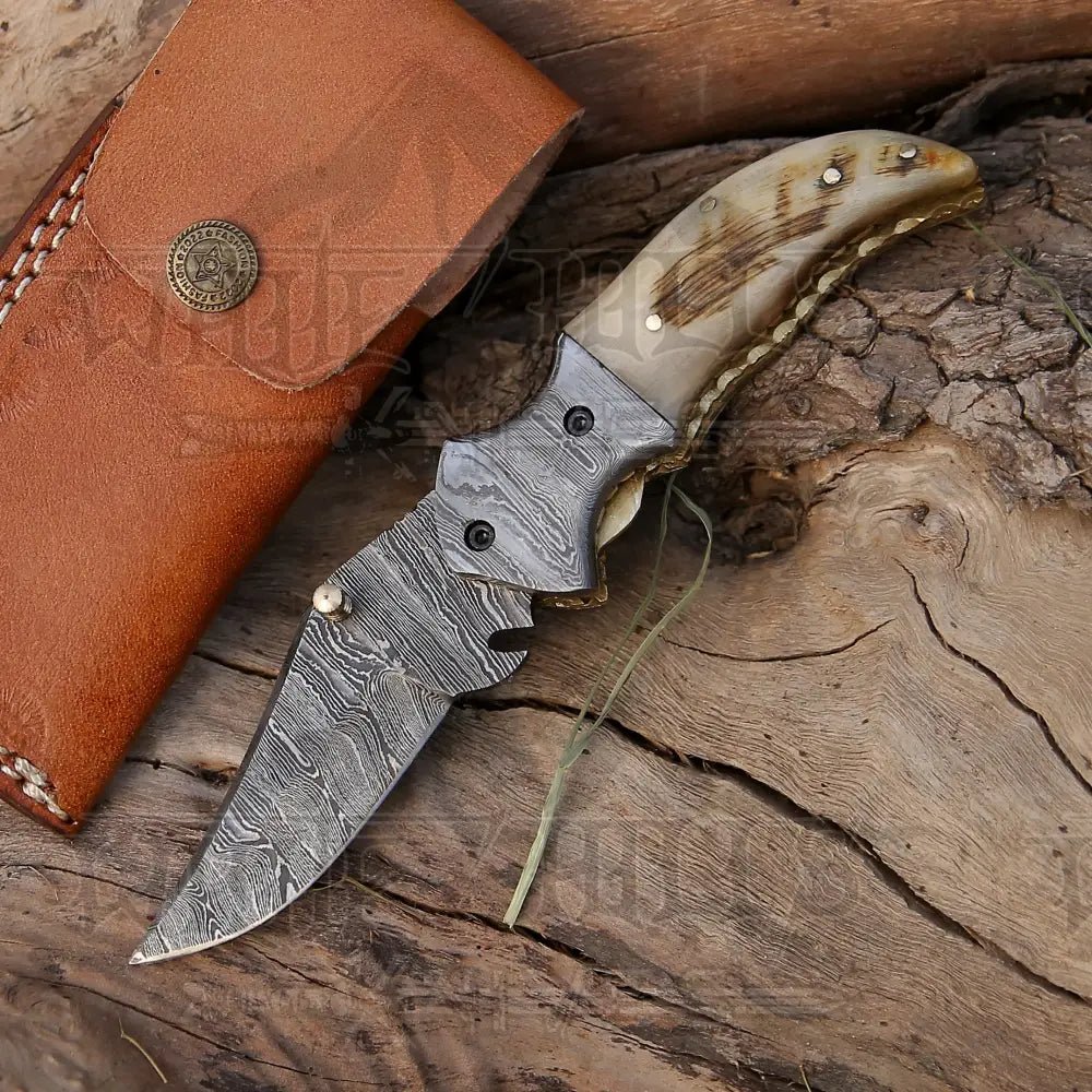 White Hills Knives Custom Hand Forged Damascus Folding Knife Damascus Bolster With Olive & Dark Wood Handle WH 3527 - Angler's Pro Tackle & Outdoors
