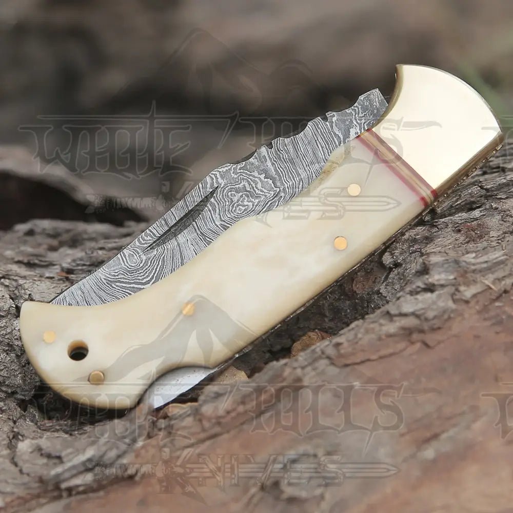 White Hills Knives Custom Hand Forged Damascus Folding Knife Engraved Brass Bolster With Bone Handle WH 1554 - Angler's Pro Tackle & Outdoors