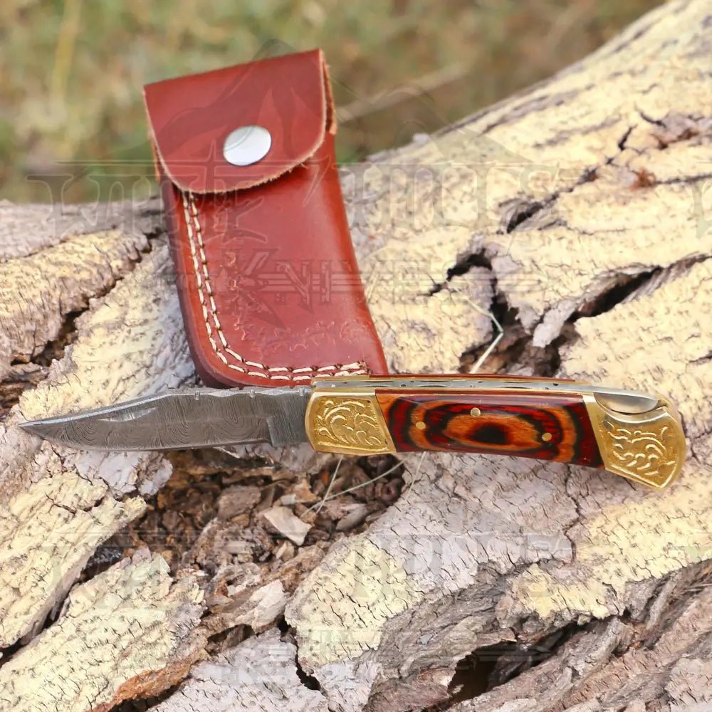 White Hills Knives Custom Hand Forged Damascus Folding Knife With Engraved Brass Bolster & Wood Handle - Angler's Pro Tackle & Outdoors