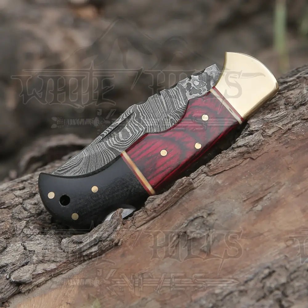White Hills Knives Custom Hand Made Damascus Steel Hunting Folding Knife With Brass Bolster & Bull Horn Wood Handle WH 3506 - Angler's Pro Tackle & Outdoors