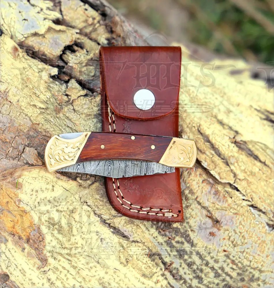 White Hills Knives Custom Hand Made Damascus Steel Hunting Folding Knife With Brass Bolster & Stained Wood Handle WH 2597 - Angler's Pro Tackle & Outdoors