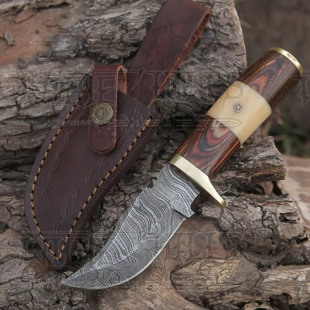 White Hills Knives CUSTOM HANDMADE FORGED DAMASCUS Steel Hunting Knife W /Wood & camel bone Handle - Angler's Pro Tackle & Outdoors
