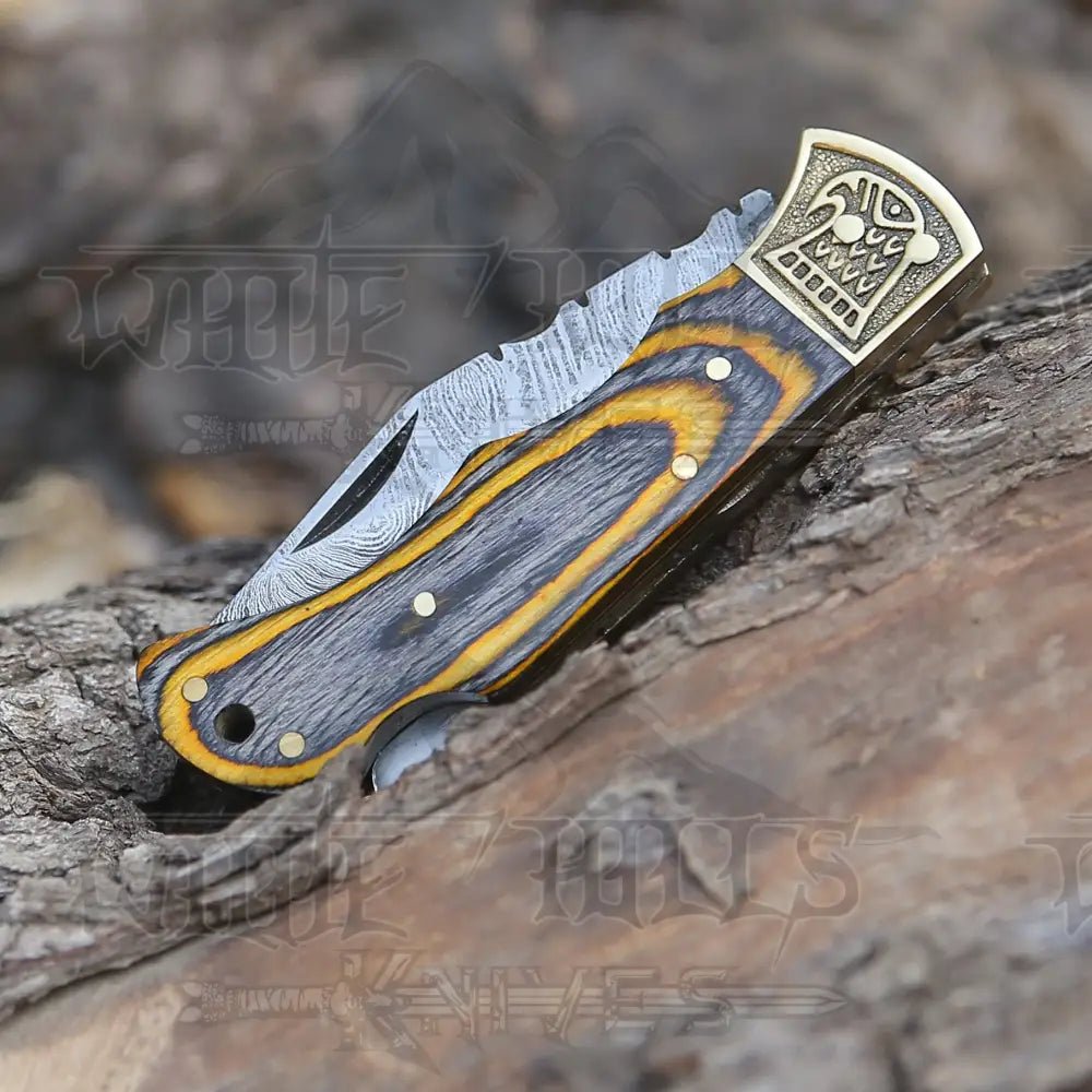 White Hills Knives Customs Hand Made Damascus Steel Hunting Folding Knife Brass Bolster With Colored Wood Handle WH 2593 - Angler's Pro Tackle & Outdoors