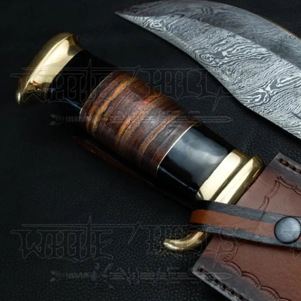 White Hills Knives Edc Bowie Knife - Damascus Steel EDC 15”bowie knife rambo with Leather Roll & Buffalo Horn Handle - Angler's Pro Tackle & Outdoors