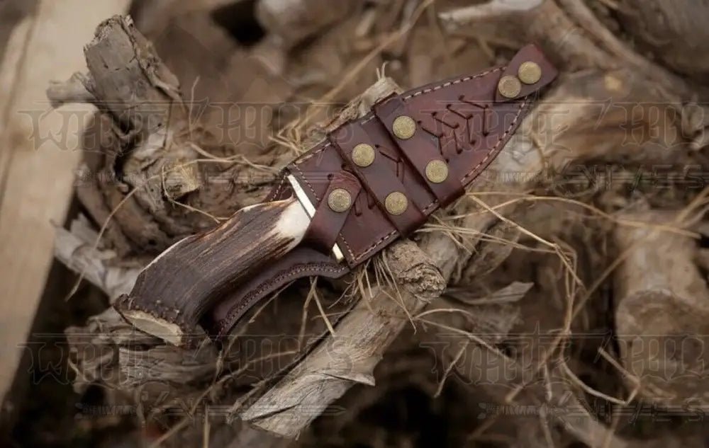 White Hills Knives EDC Handmade Forged Damascus Steel Hunting Deer Hook Knife Crown Stag Handle - Angler's Pro Tackle & Outdoors