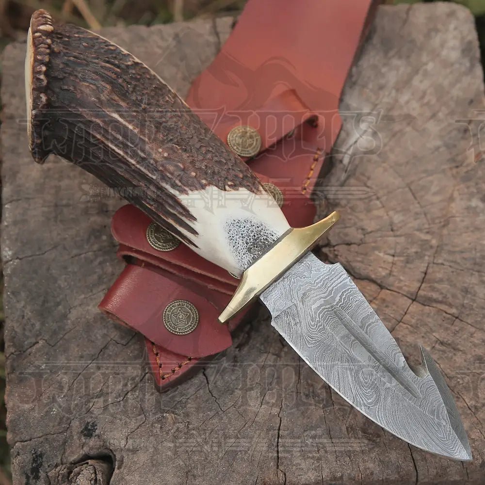 White Hills Knives EDC Handmade Forged Damascus Steel Hunting Deer Hook Knife Crown Stag Handle WH 4417 - Angler's Pro Tackle & Outdoors