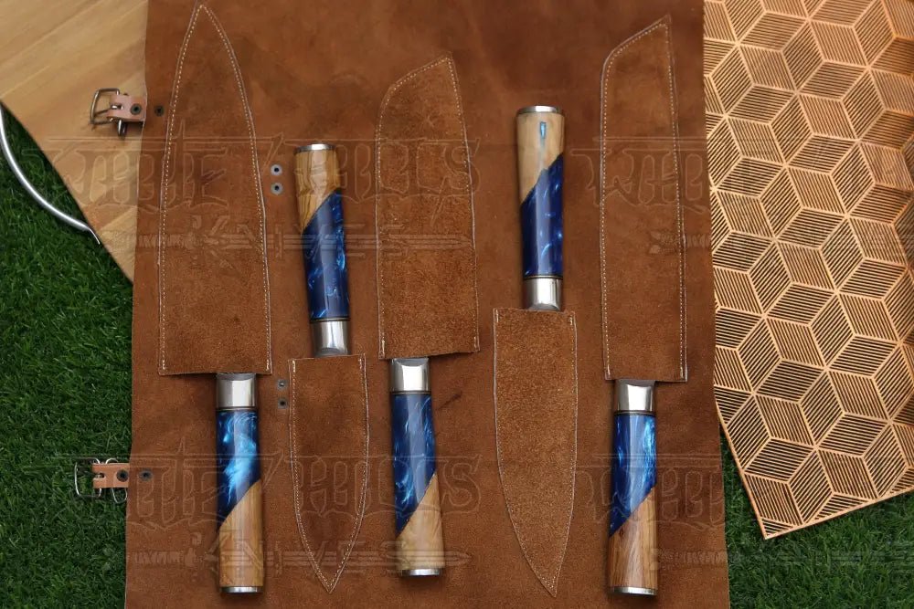 White Hills Knives Handmade Chef Set, 5 Piece Damascus Steel Chef Knife Set, Kitchen Knife Set with Leather Cover - Angler's Pro Tackle & Outdoors