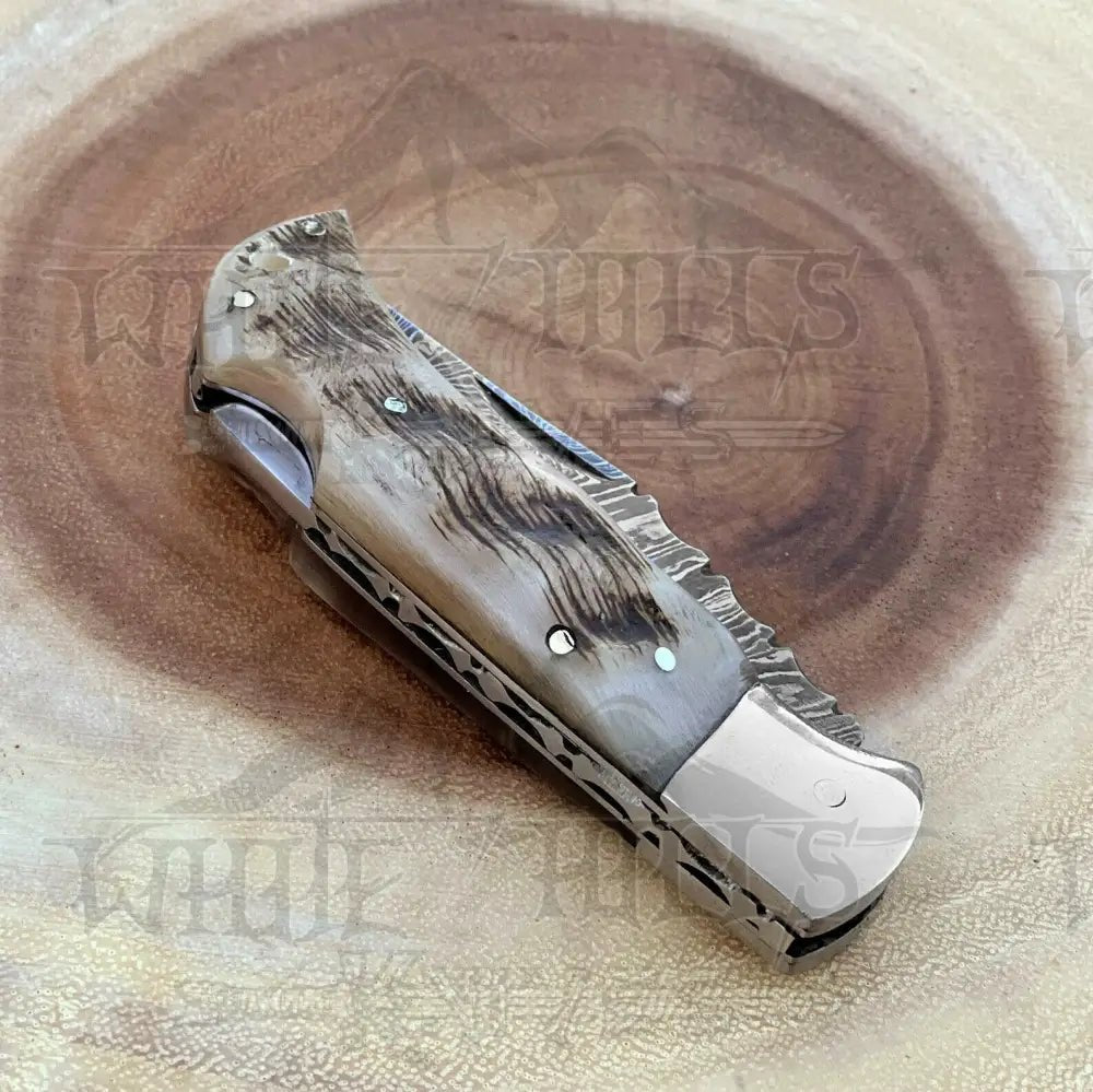 White Hills Knives Handmade Damascus Pocket Knife - 6.5'' Back Lock Folding Knife Ram Horn Handle - Camping Knife - Angler's Pro Tackle & Outdoors