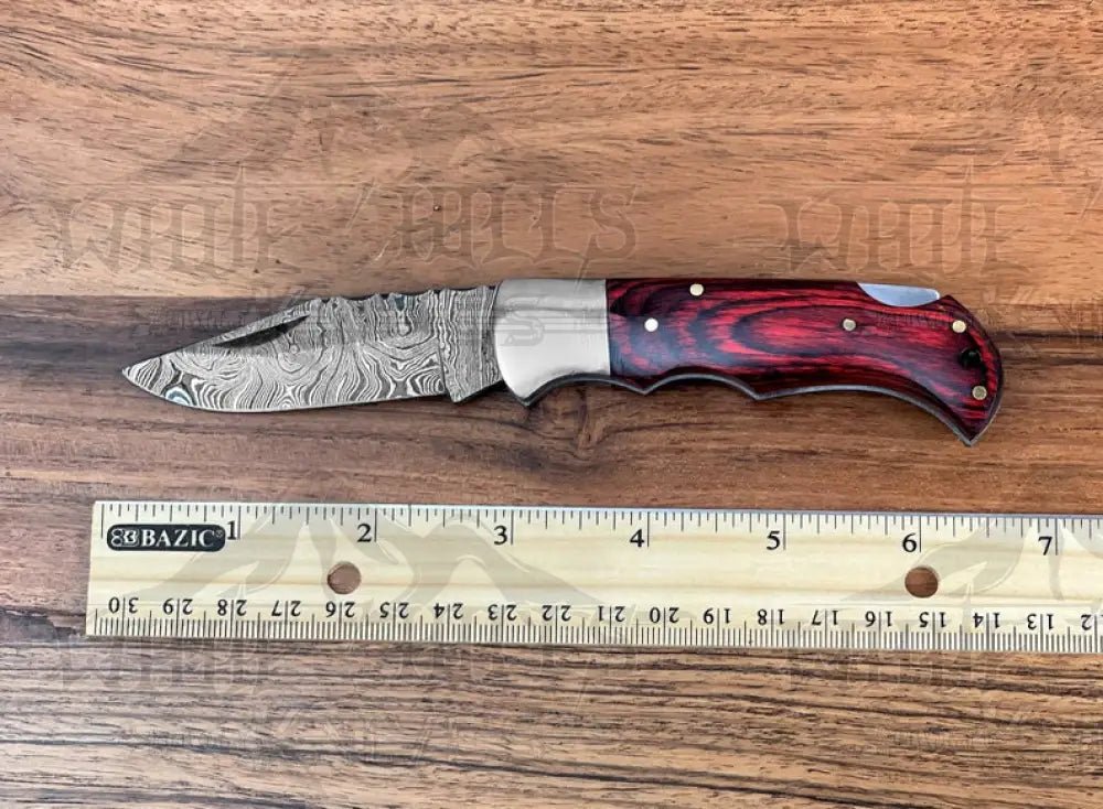 White Hills Knives Handmade Damascus Pocket Knife - 6.5'' Back Lock Folding Knife Red Stained Wood Handle - Camping Knife - Angler's Pro Tackle & Outdoors