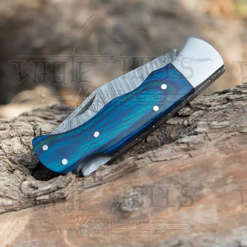 White Hills Knives Handmade Damascus Rose Pocket Knife - 6.5'' Back Lock Folding and Camping Knife with Wood Handle - Angler's Pro Tackle & Outdoors