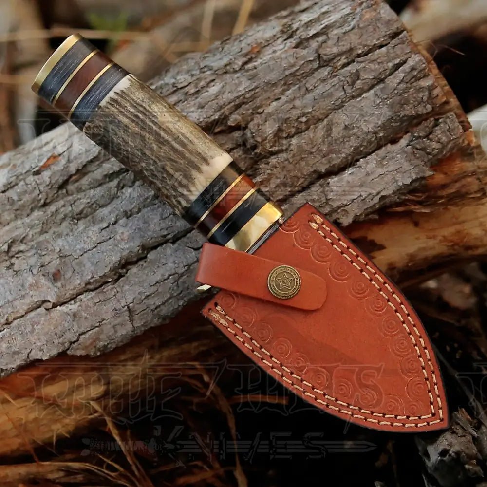 White Hills Knives Handmade Damascus Steel Gut Hook Hunting Knife With Stag Handle WH 3738 - Angler's Pro Tackle & Outdoors