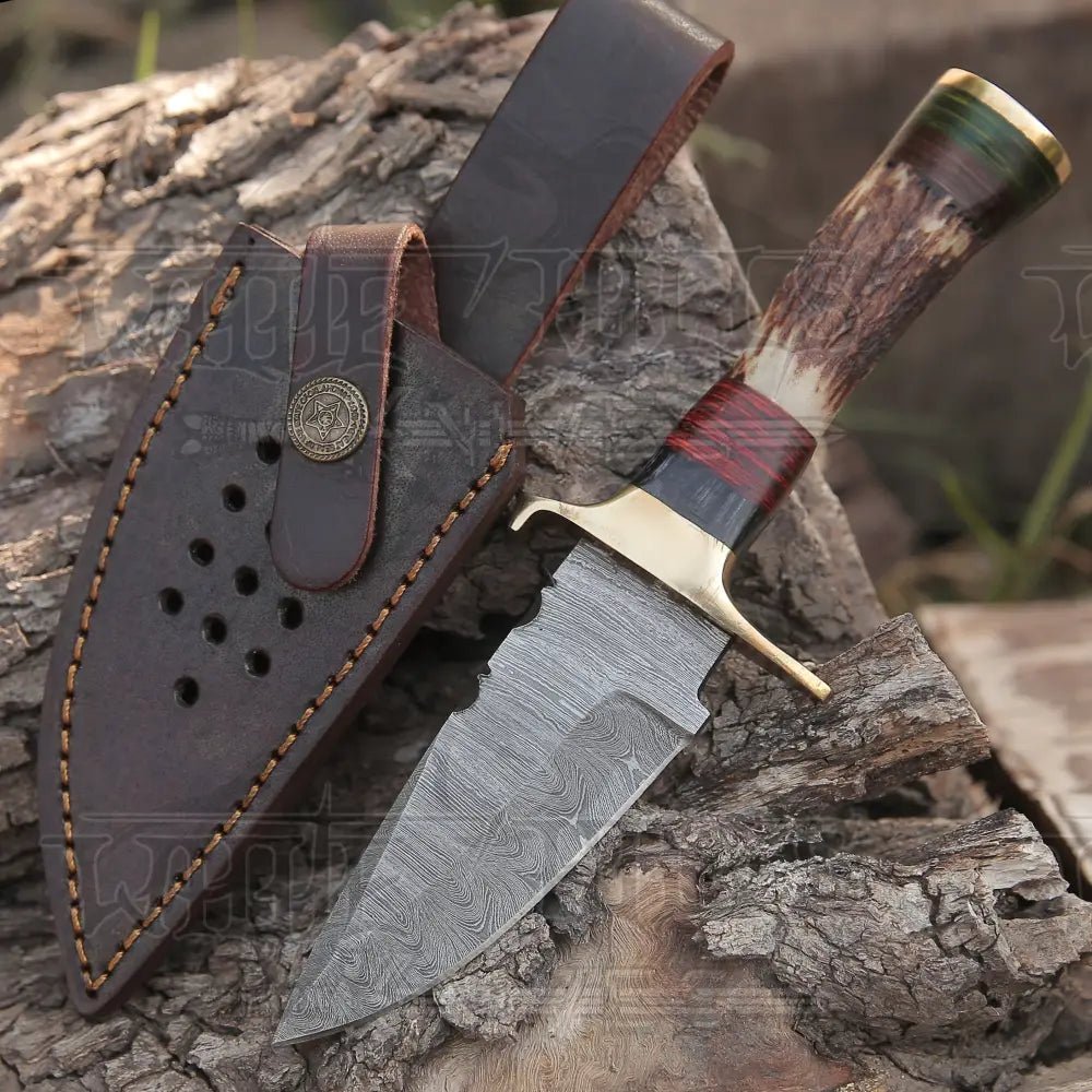 White Hills Knives Handmade Damascus Steel Hunting Knife Stag Handle & Brass Bolsters with Leather Sheath - Angler's Pro Tackle & Outdoors