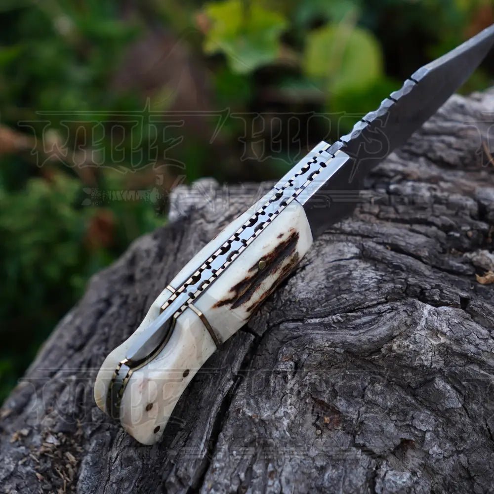 White Hills Knives Handmade Damascus Steel Hunting Pocket Folding Knife with Pocket Clip - Camping Folding Blade With Bone & Wood Handle WH 3986 - CP - Angler's Pro Tackle & Outdoors