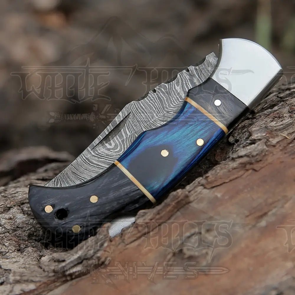 White Hills Knives Handmade Damascus Steel Hunting Pocket Knife Camping Folding Blade With Black & Blue Dollar Sheet Handle - Angler's Pro Tackle & Outdoors