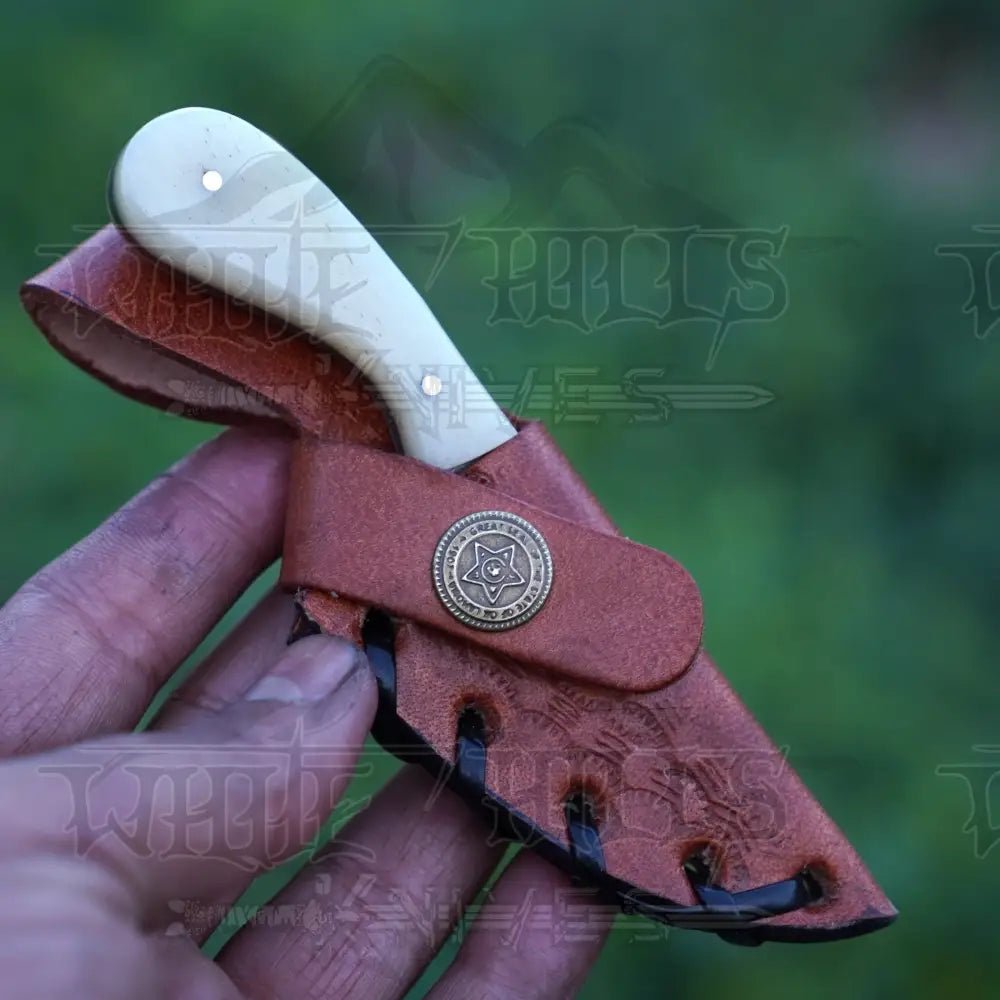 White Hills Knives Handmade Damascus Steel Knife - Camel Bone Handle - 5" Full Tang Hunting & Camping Knife - SK - 032 - Angler's Pro Tackle & Outdoors