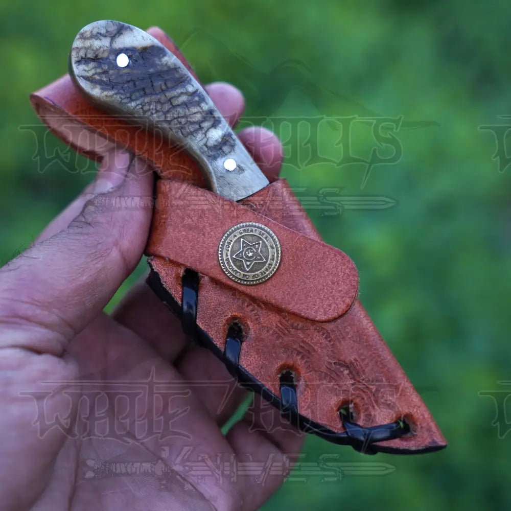 White Hills Knives Handmade Damascus Steel Knife - Stag Antler Handle - 5" Full Tang Hunting & Camping Knife - SK - 031 - Angler's Pro Tackle & Outdoors