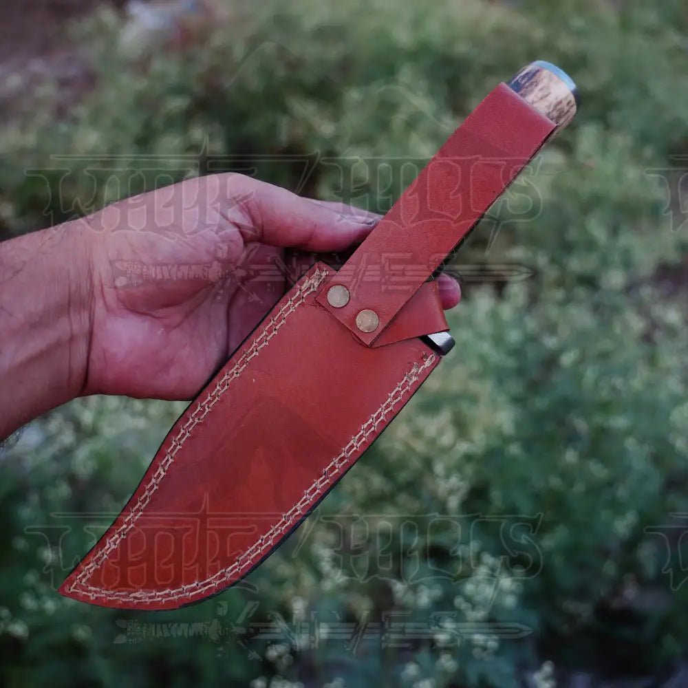 White Hills Knives Handmade Damascus Steel Knife - Stag Antler & Wood Handle - Angler's Pro Tackle & Outdoors