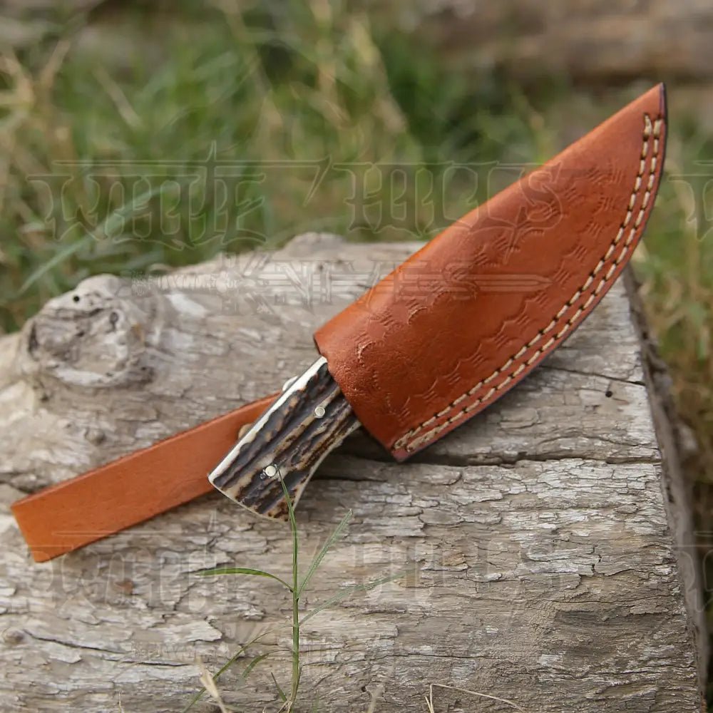 White Hills Knives Handmade Damascus Steel Skinner Knife - Stag Antler Handle - 5.5" Full Tang Damascus Knife - Angler's Pro Tackle & Outdoors