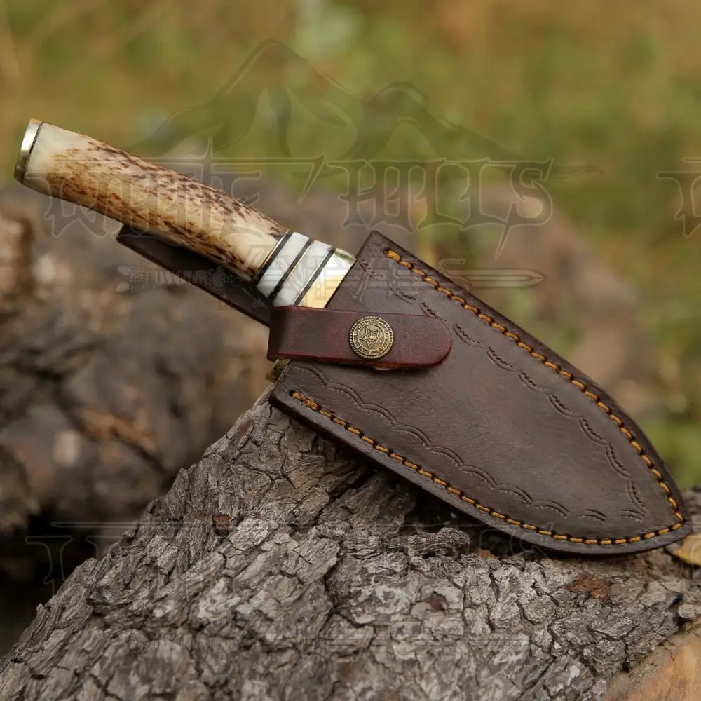 White Hills Knives Handmade Forged Damascus Steel Gut Hook Hunting Knife EDC With Orginal Stag antler Handle WH 4340 - Angler's Pro Tackle & Outdoors