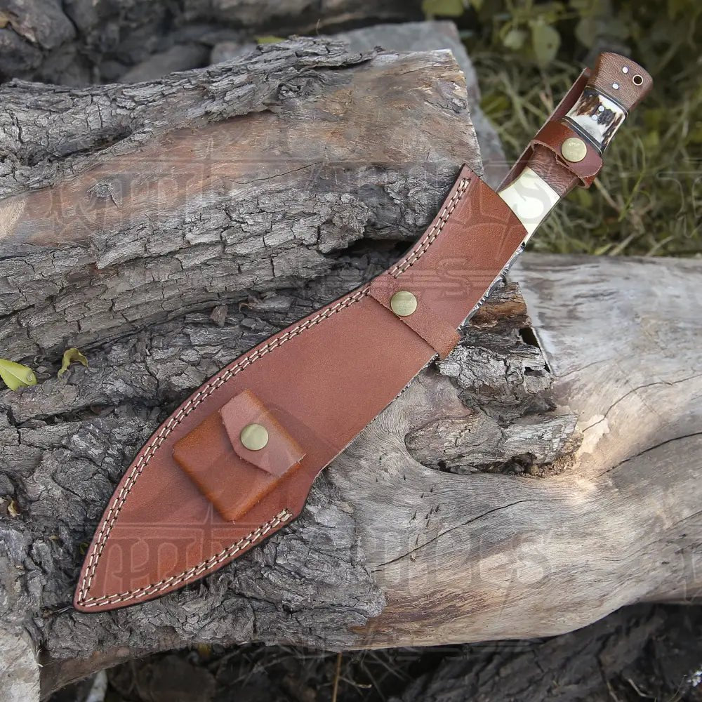 White Hills Knives Handmade Forged Damascus Steel Hunting Bushcraft Kukri Knife Survival EDC 12” With Olive Wood & Stag Handle WH 3900 - Angler's Pro Tackle & Outdoors