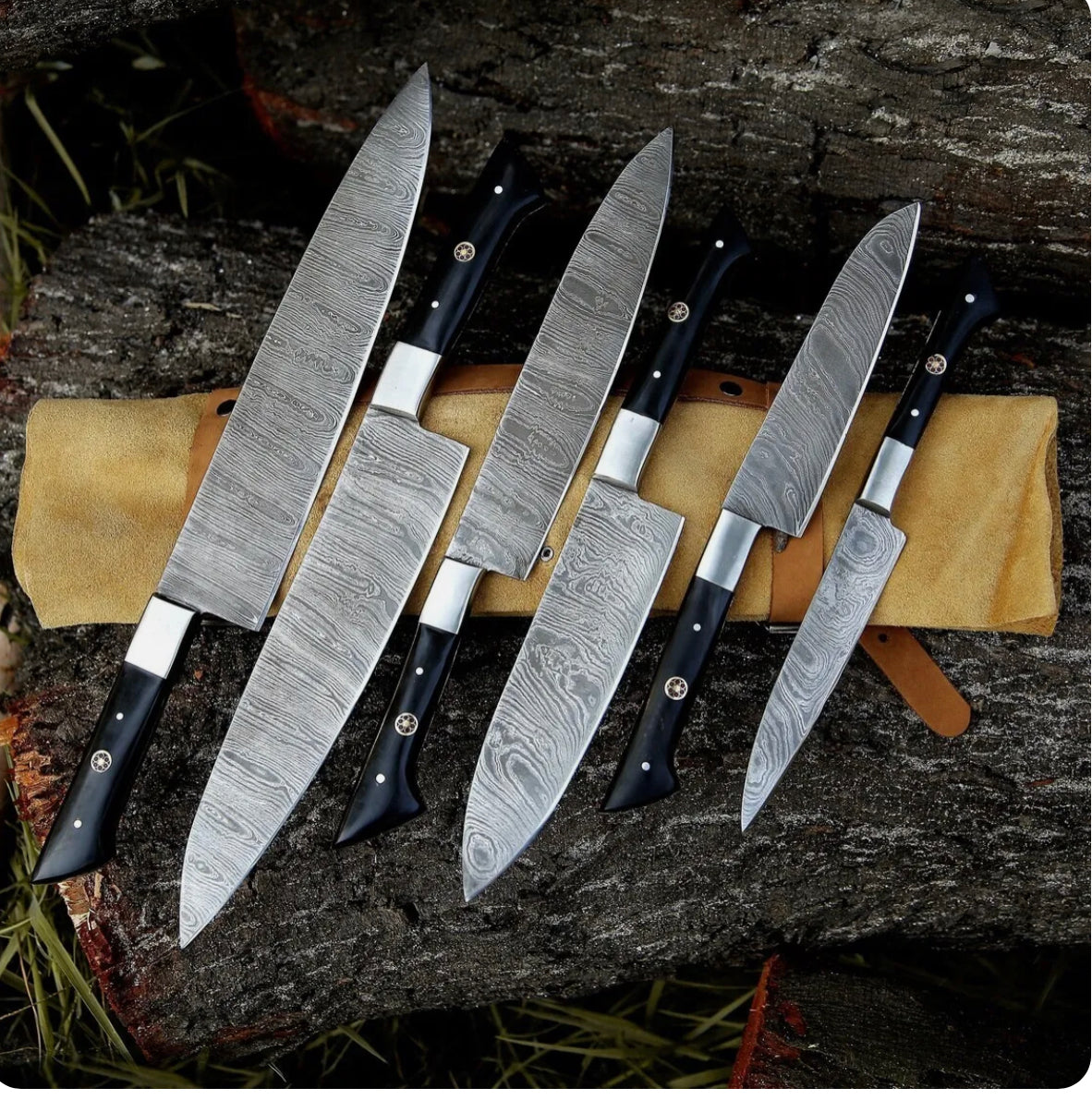 Texan Knives Knife Sets for Kitchen – 13" Damascus Steel Chef Knife with Epoxy Resin Handle & Leather Sheath