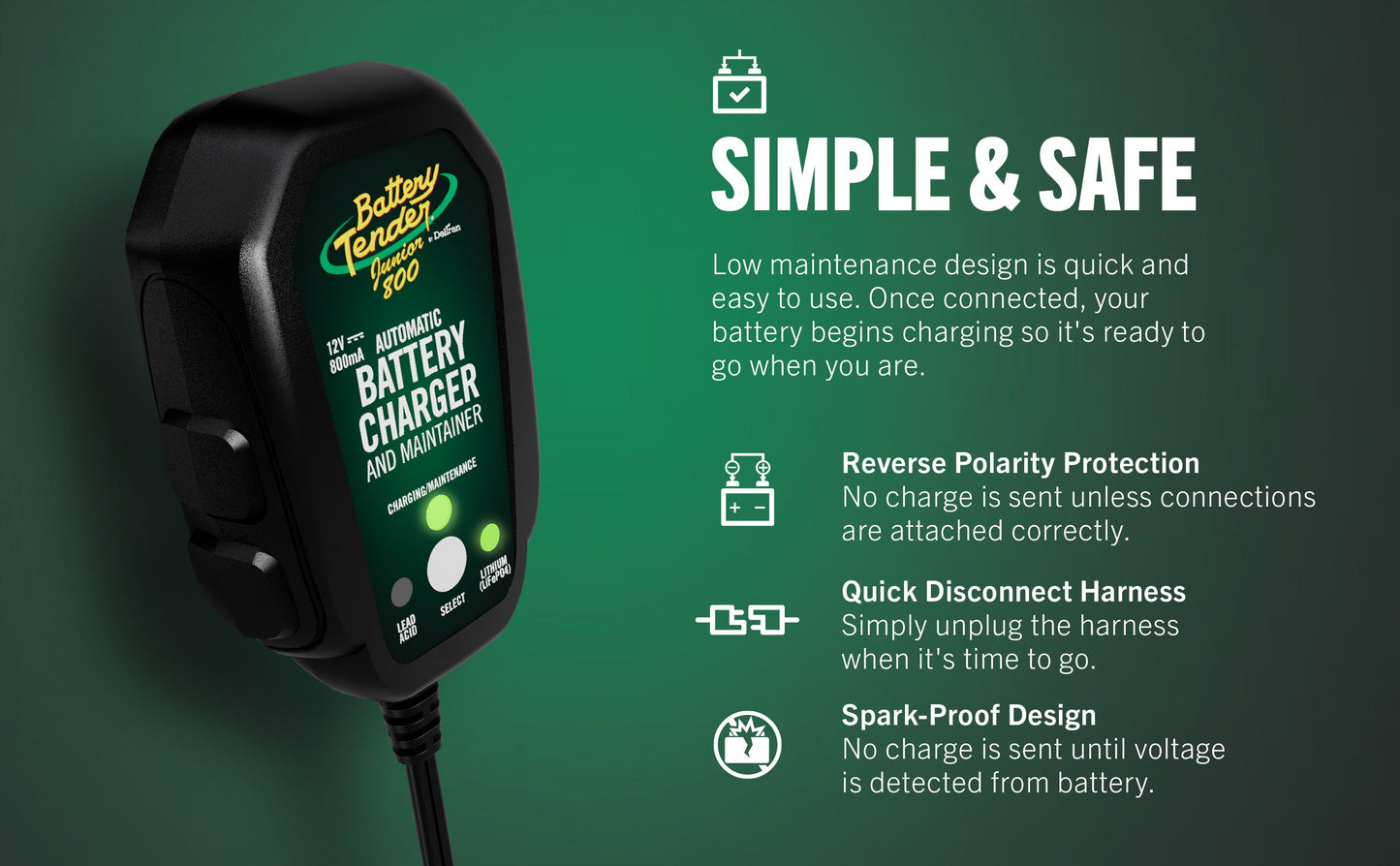 Battery Tender Junior 1 AMP 12V Selectable Chemistry Battery Charger and Maintainer