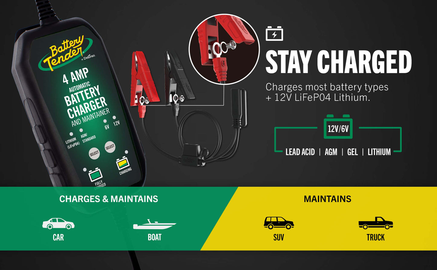 Battery Tender® 4 AMP Power Tender® 12V / 6V Switchable Battery Charger