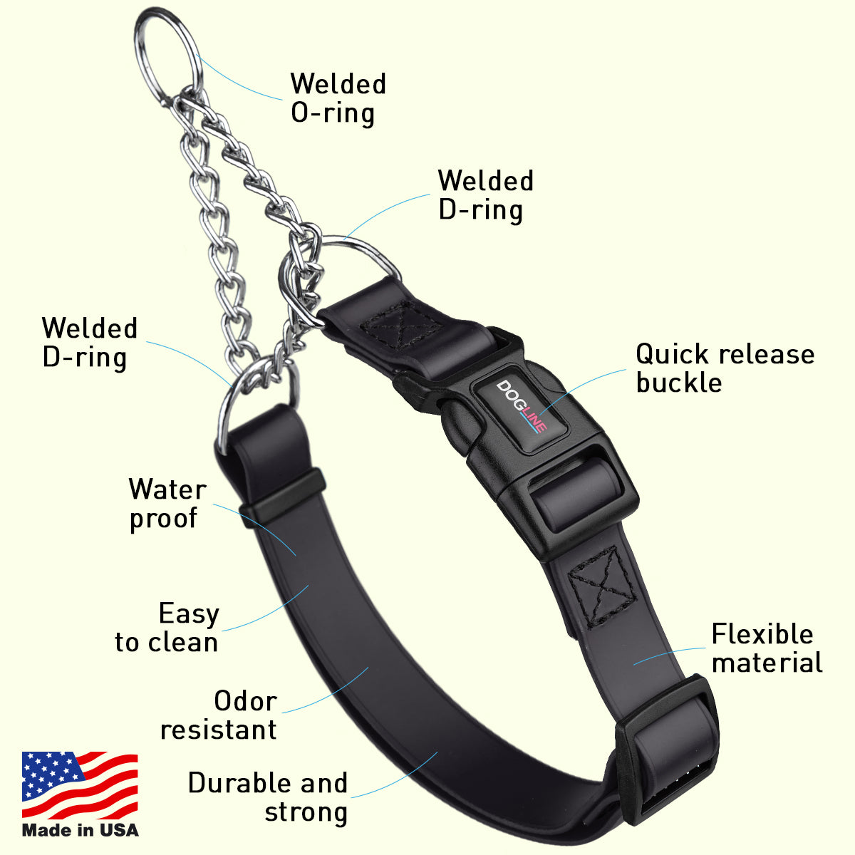 Dogline Biothane Adjustable Martingale Collar with Quick Release Buckle