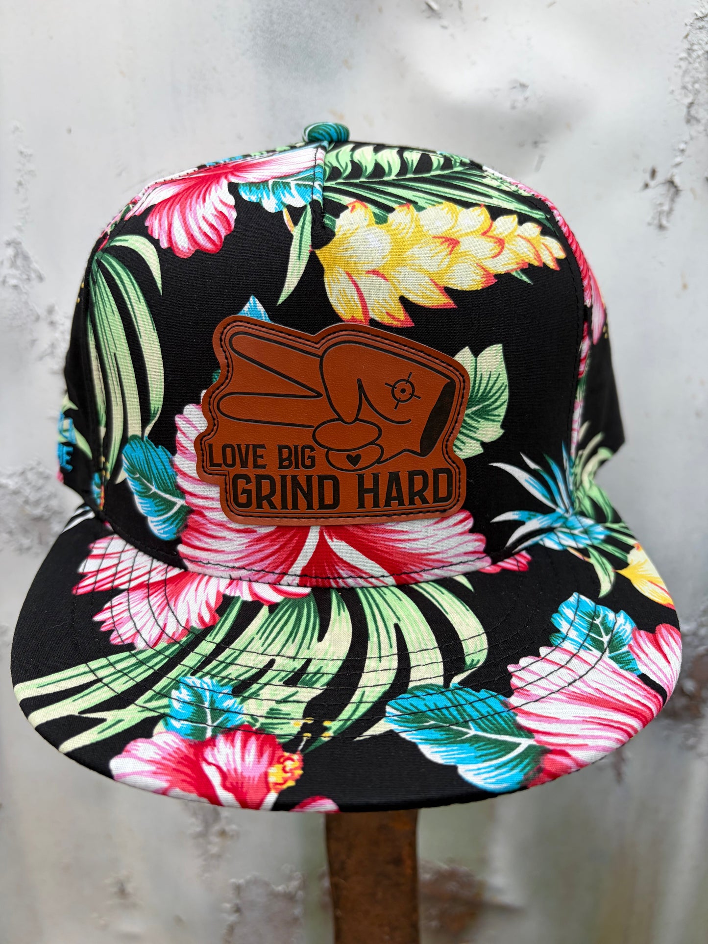 Hustlin Hippie PL Series 5 Panel Snapback Hat- FLORAL- “Love Big, Grind Hard” Patch