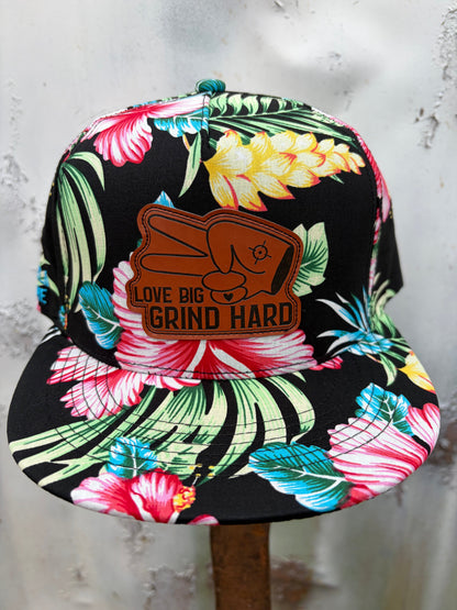 Hustlin Hippie PL Series 5 Panel Snapback Hat- FLORAL- “Love Big, Grind Hard” Patch