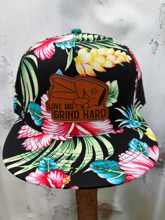 Hustlin Hippie PL Series 5 Panel Snapback Hat- FLORAL- “Love Big, Grind Hard” Patch
