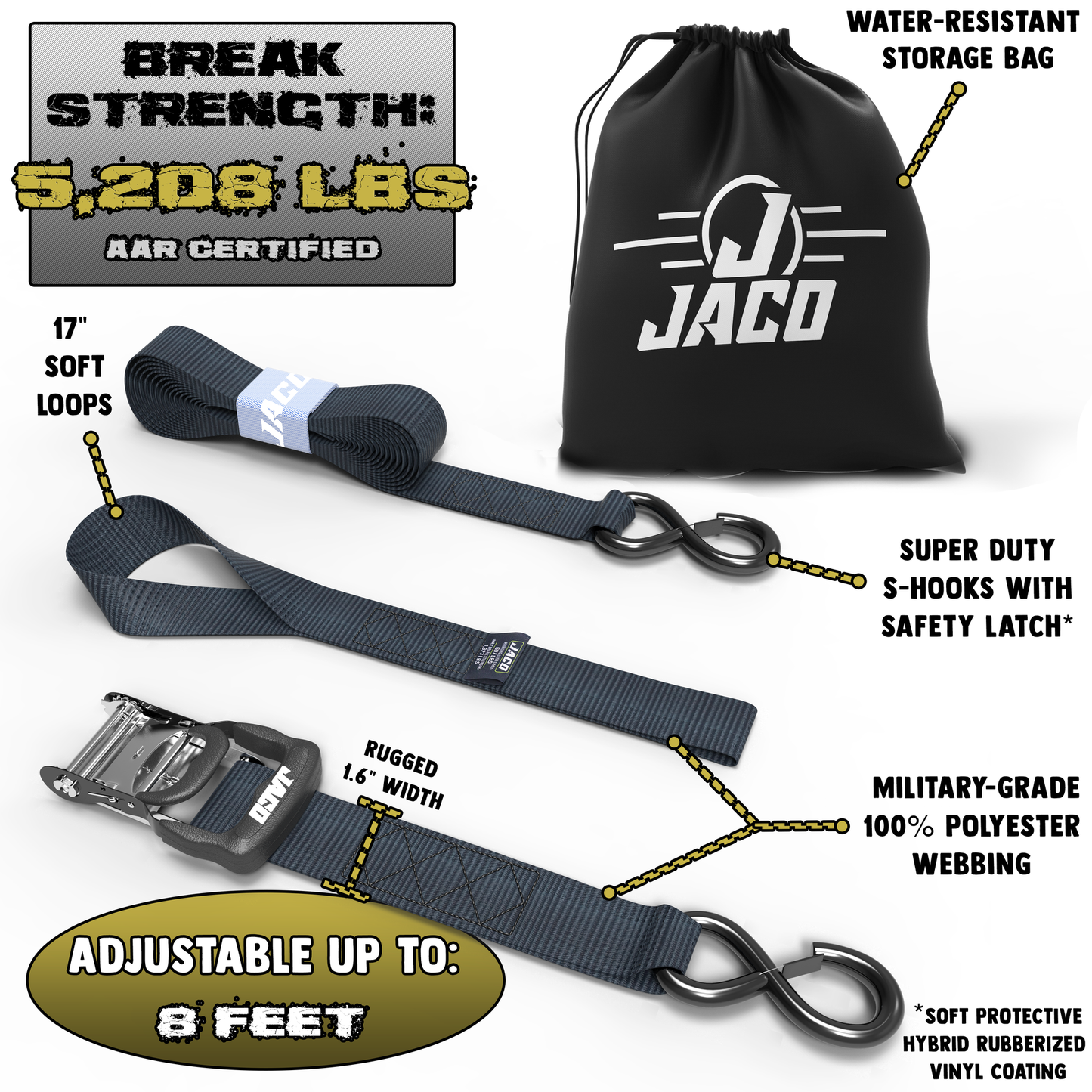 Jaco Tie Down Ratchet Straps with Soft Loops (1.6 in x 8 ft) - Heavy Duty Set | AAR Certified Break Strength (5,208 lbs)