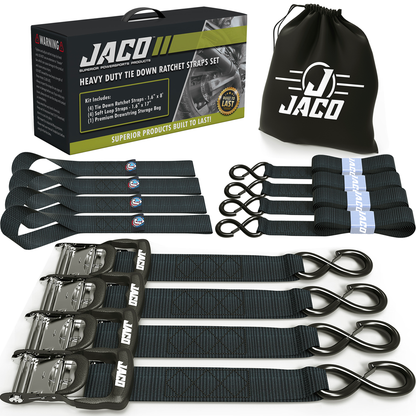 Jaco Tie Down Ratchet Straps with Soft Loops (1.6 in x 8 ft) - Heavy Duty Set | AAR Certified Break Strength (5,208 lbs)